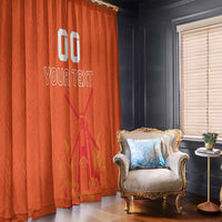 Orange curtain panel with large 'YOUR TEXT' and jersey-style pattern