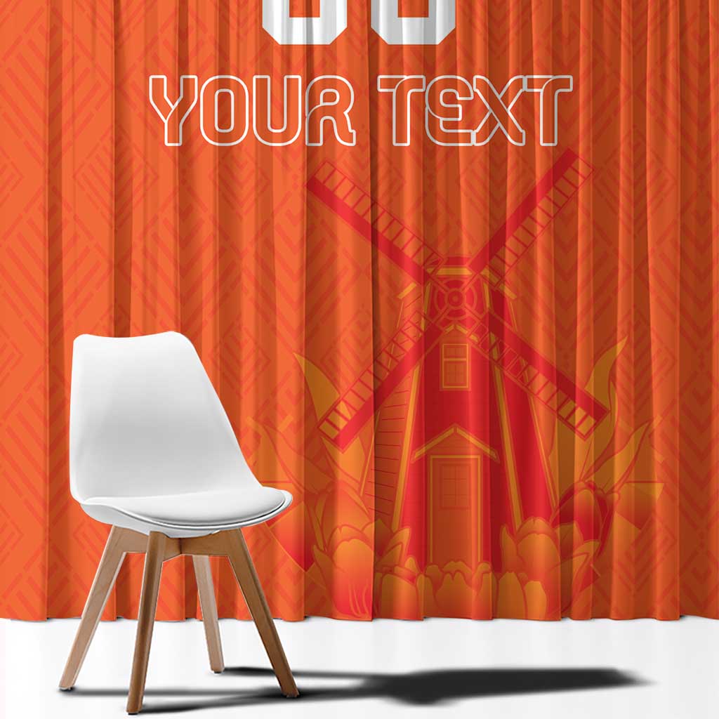 Orange curtain with 'YOUR TEXT' and jersey-inspired graphic pattern