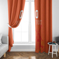 Orange window curtain panels with 'YOUR TEXT' printed along the lower section