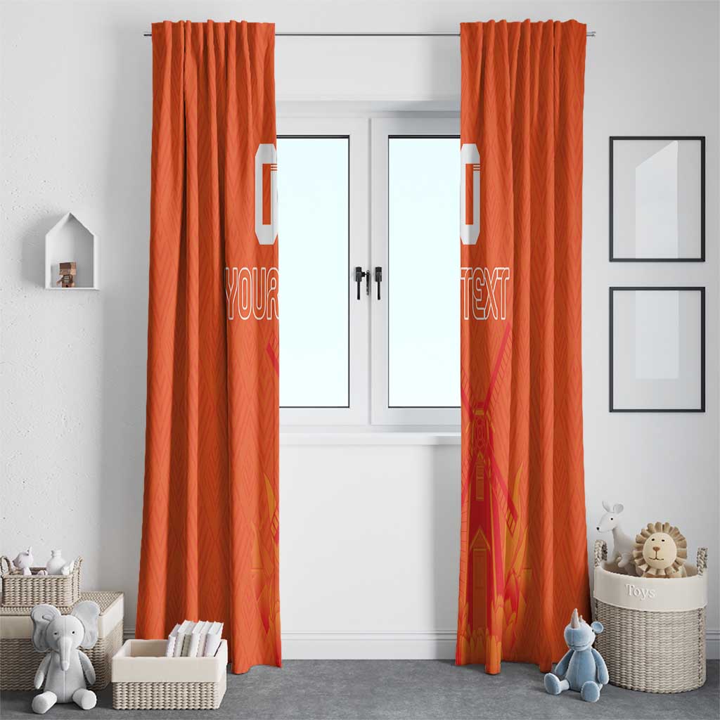 Orange window curtain panels with jersey-style graphic and 'YOUR TEXT' design