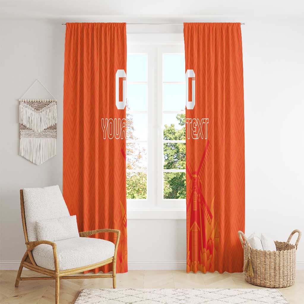 Orange window curtain panels with 'YOUR TEXT' graphic and jersey pattern