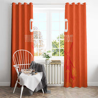 Orange hanging curtain panels with 'YOUR TEXT' and jersey-style crest