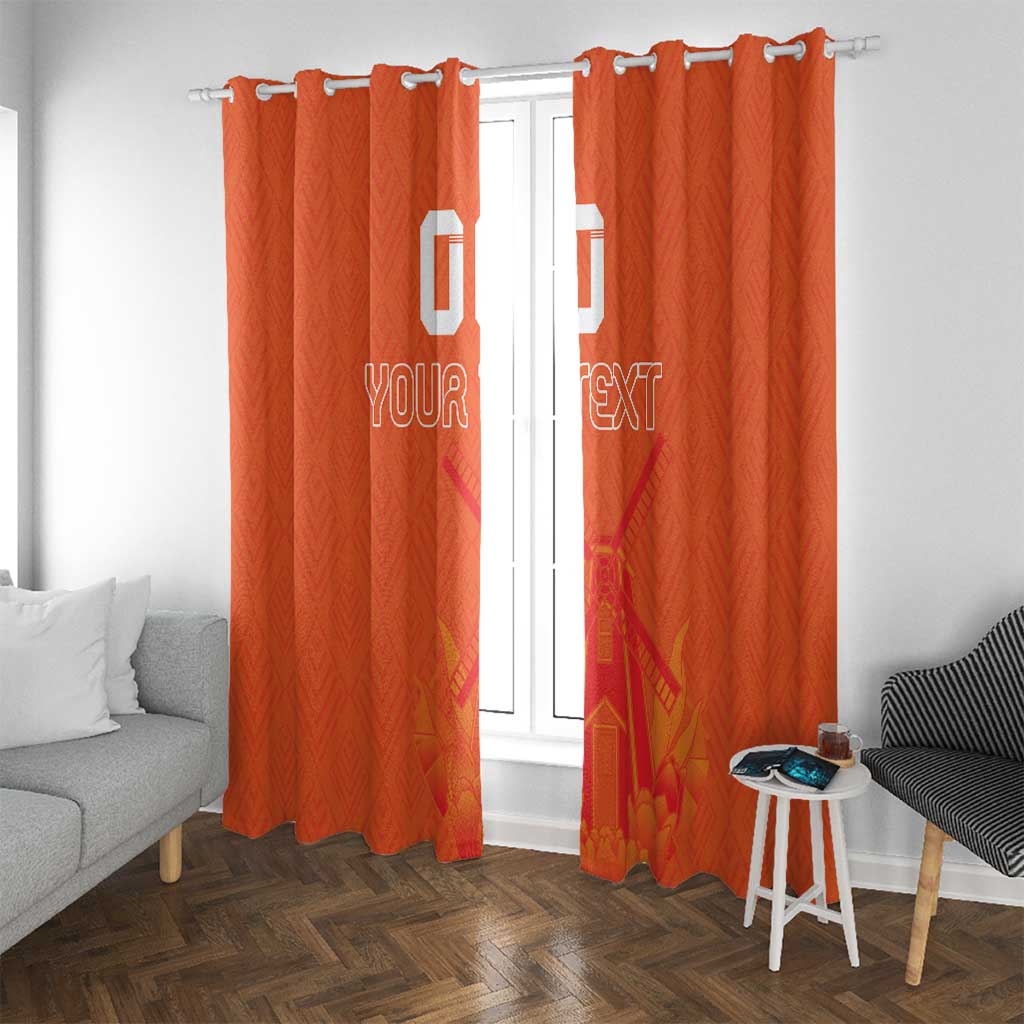 Orange curtain panels with ring header and 'YOUR TEXT' jersey-style artwork