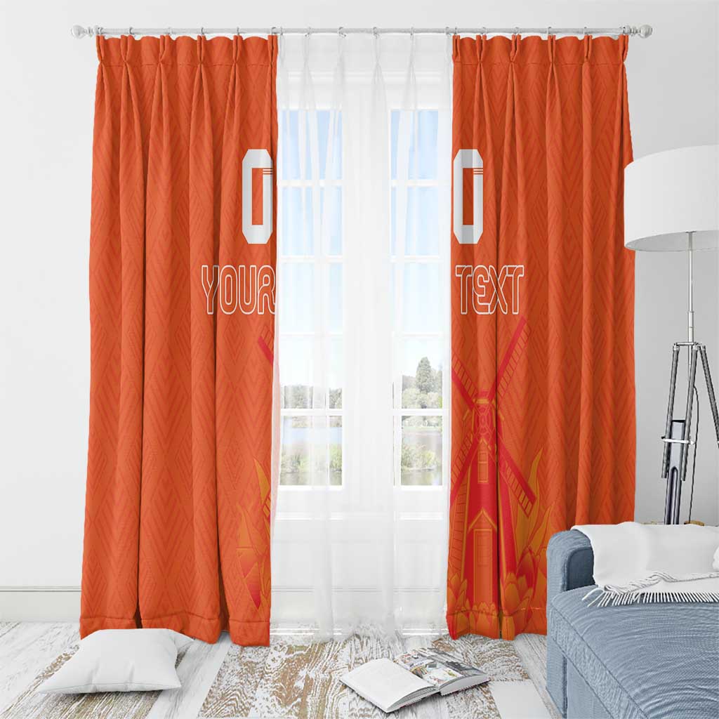 Orange window curtain panels with 'YOUR TEXT' jersey-style artwork