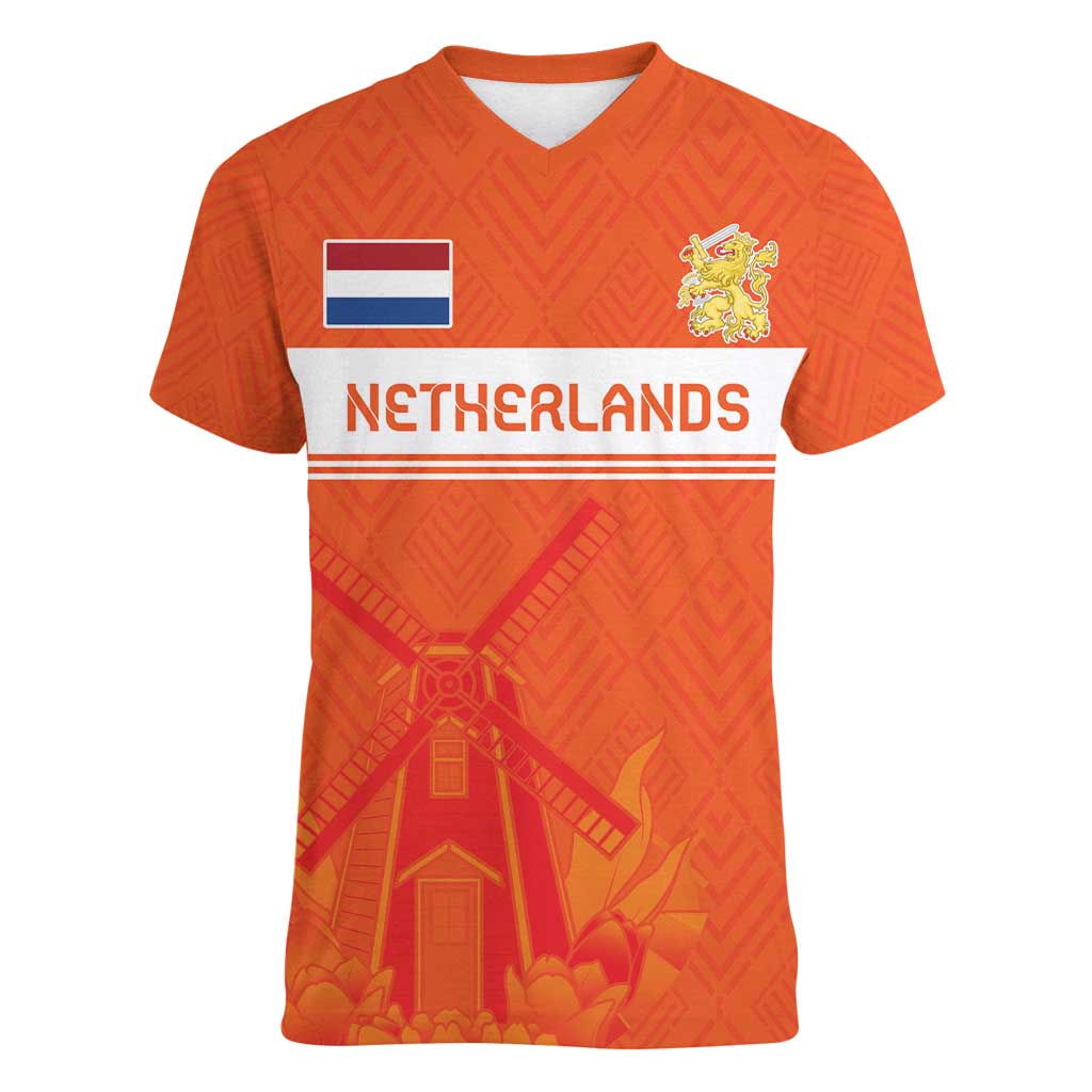 Custom Netherlands Rugby Women V-Neck T-Shirt Windmill and Tulips With Jersey Pattern