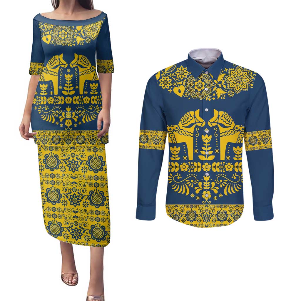Sweden Daleclarian Horse Couples Matching Puletasi and Long Sleeve Button Shirt Floral Folk Pattern Blue Version