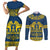 Sweden Daleclarian Horse Couples Matching Short Sleeve Bodycon Dress and Long Sleeve Button Shirt Floral Folk Pattern Blue Version