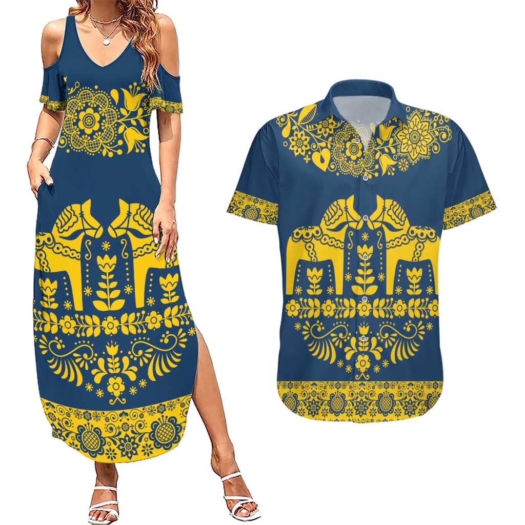 Sweden Daleclarian Horse Couples Matching Summer Maxi Dress and Hawaiian Shirt Floral Folk Pattern Blue Version
