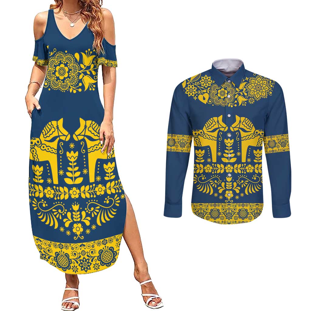 Sweden Daleclarian Horse Couples Matching Summer Maxi Dress and Long Sleeve Button Shirt Floral Folk Pattern Blue Version