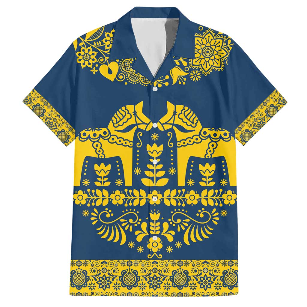 Sweden Daleclarian Horse Hawaiian Shirt Floral Folk Pattern Blue Version