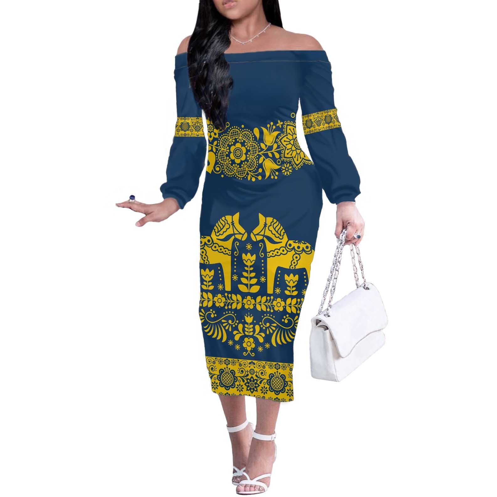 Sweden Daleclarian Horse Off The Shoulder Long Sleeve Dress Floral Folk Pattern Blue Version