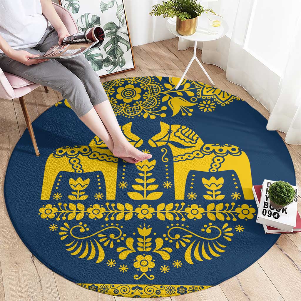 Sweden Daleclarian Horse Round Carpet Floral Folk Pattern Blue Version