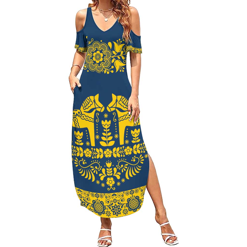 Sweden Daleclarian Horse Summer Maxi Dress Floral Folk Pattern Blue Version
