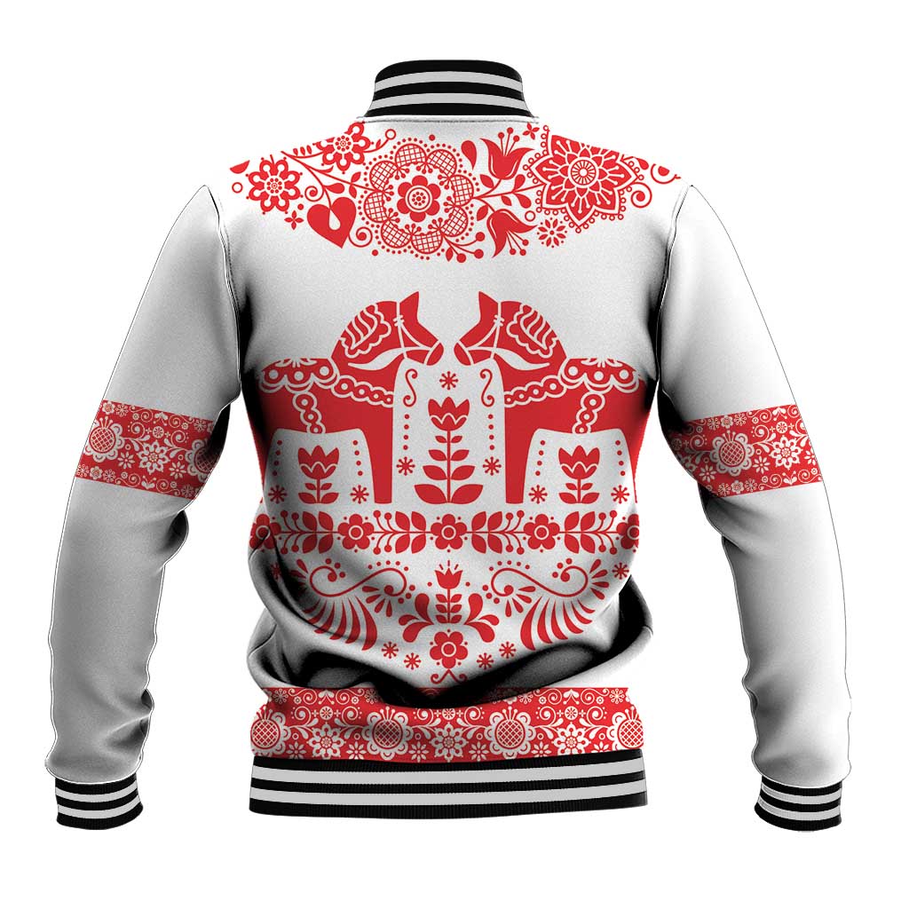 Sweden Daleclarian Horse Baseball Jacket Floral Folk Pattern White Version