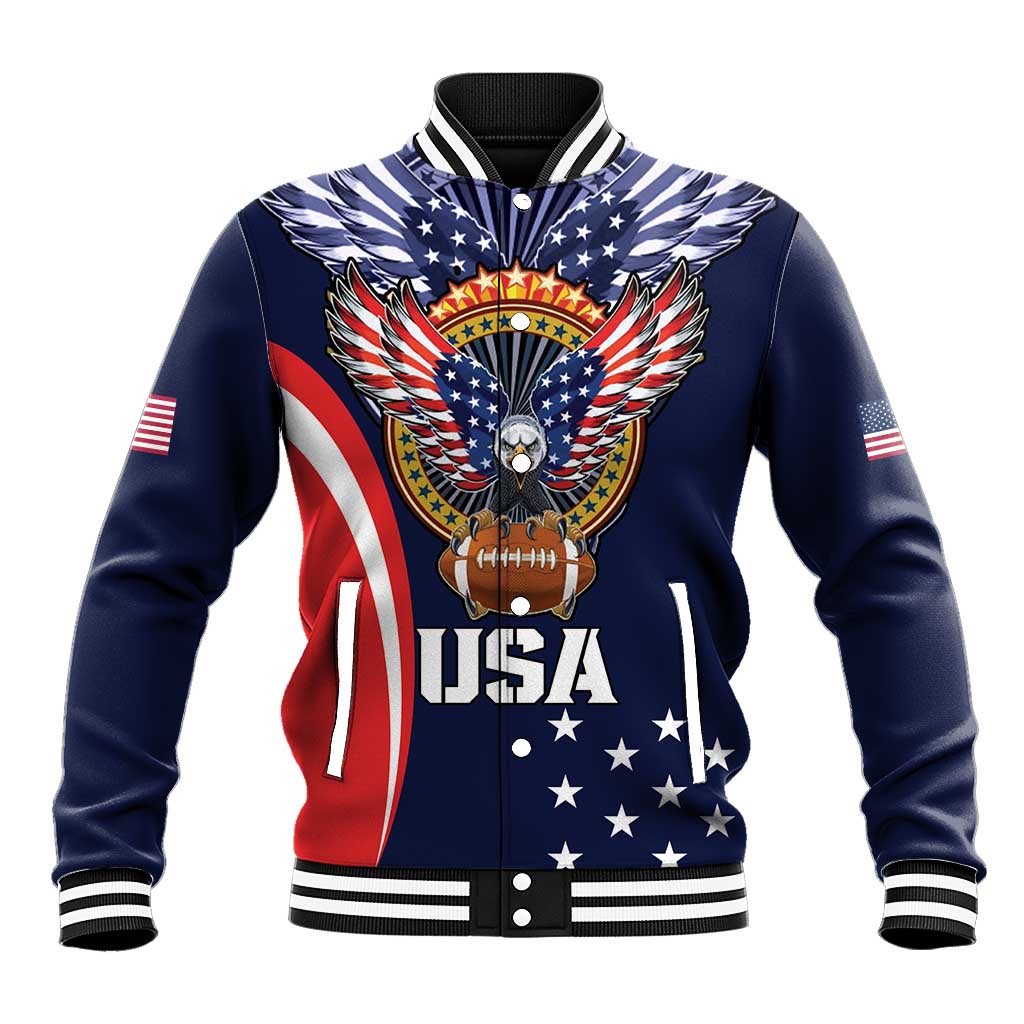Navy varsity baseball jacket with USA eagle crest, football graphic, and flag sleeves