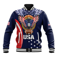 Navy varsity baseball jacket with USA eagle crest, football graphic, and flag sleeves