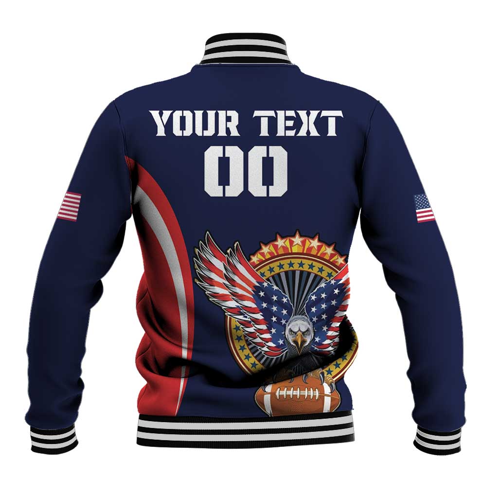 Navy back baseball jacket with USA eagle emblem, flag panels, and bold custom text