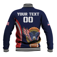 Navy back baseball jacket with USA eagle emblem, flag panels, and bold custom text