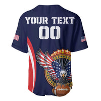 Blue rugby baseball jersey back: 'YOUR TEXT 00' with large eagle graphic