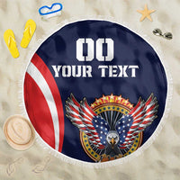 Navy round beach blanket with eagle emblem and red white stripe, fringed border