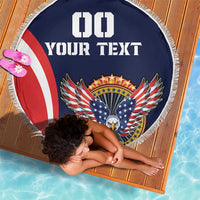 Navy round beach blanket with eagle crest and red white stripe, fringed edge