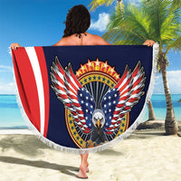 Navy round beach blanket with eagle crest and red white vertical stripe, fringed hem