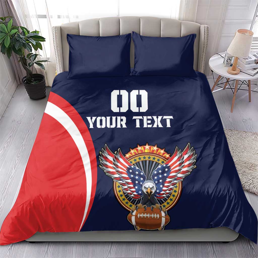 Blue rugby bedding set with "DO YOUR TEXT" and eagle with wings holding football