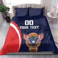 Blue rugby bedding set with "DO YOUR TEXT" and eagle with wings holding football