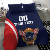 Blue rugby bedding set with USA eagle crest and football on duvet, flag circle graphic