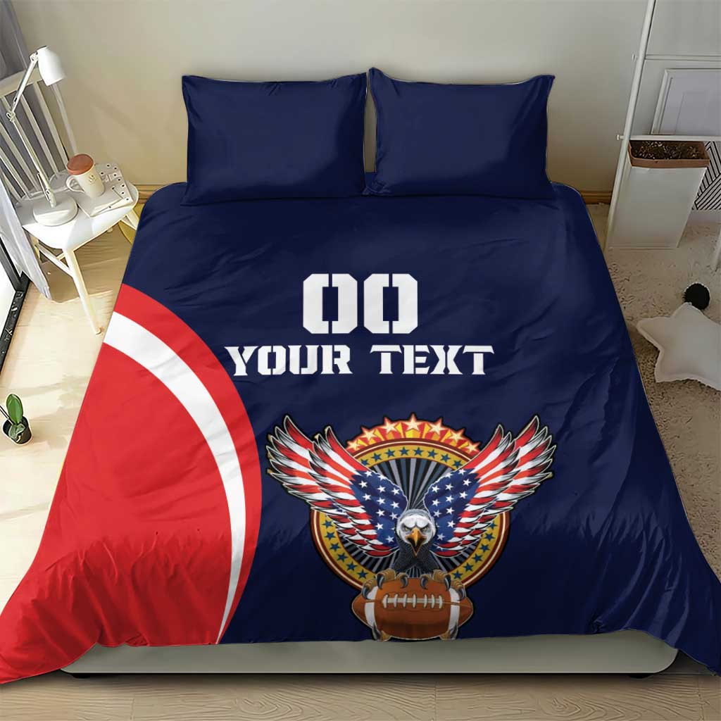 Blue rugby bedding set with eagle crest, "DO YOUR TEXT" center, matching pillowcases