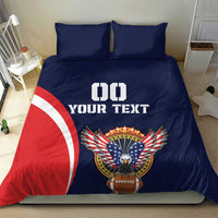 Blue rugby bedding set with eagle crest, "DO YOUR TEXT" center, matching pillowcases
