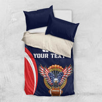 Blue and red rugby bedding set with USA eagle crest, "DO YOUR TEXT" on duvet