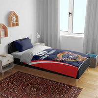 Blue rugby bedding set with USA eagle crest and red-white flag stripe band across duvet