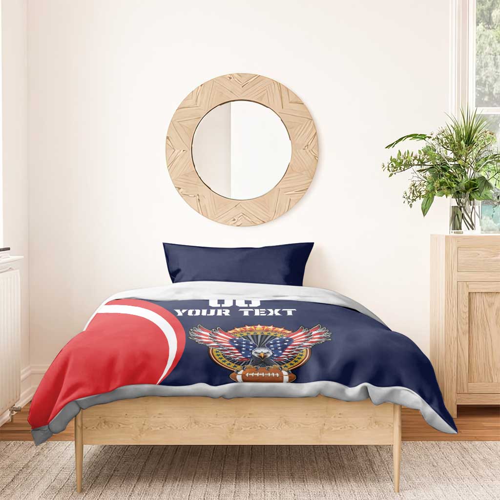 Blue rugby bedding set with USA eagle crest, "DO YOUR TEXT" and red-white flag curve