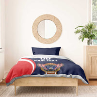 Blue rugby bedding set with USA eagle crest, "DO YOUR TEXT" and red-white flag curve