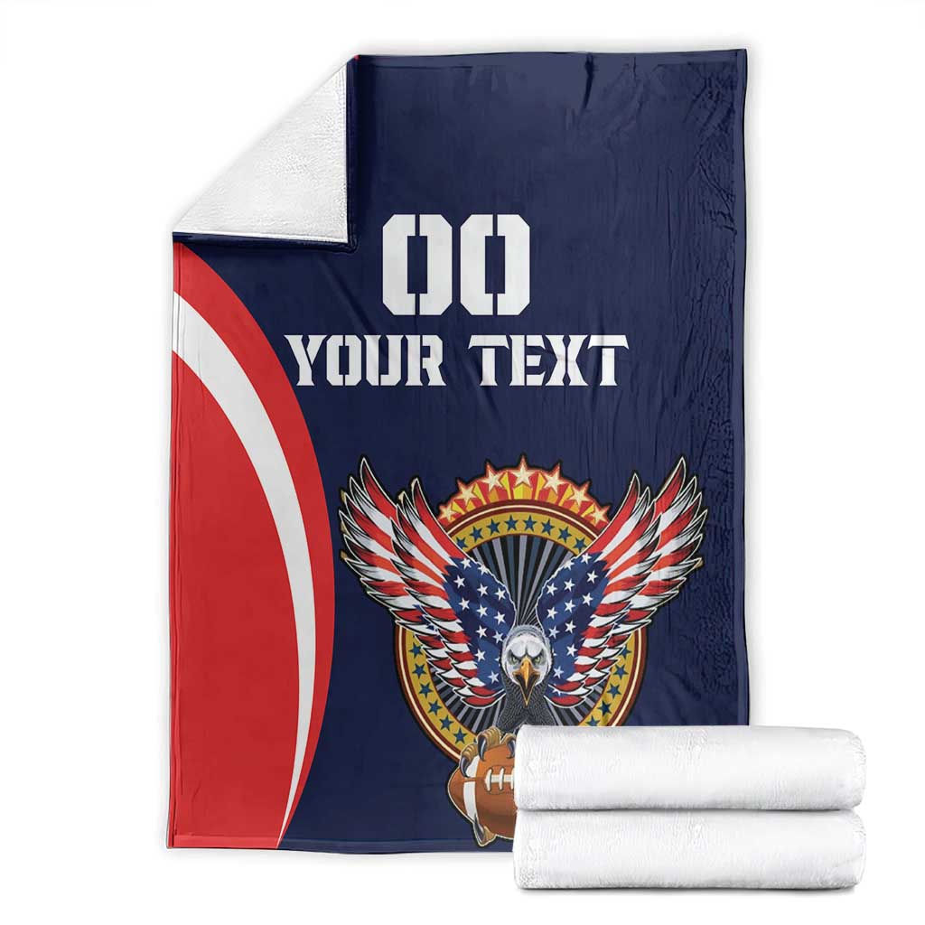 Navy USA rugby blanket folded with eagle and football emblem, red-white stripes, 'YOUR TEXT'
