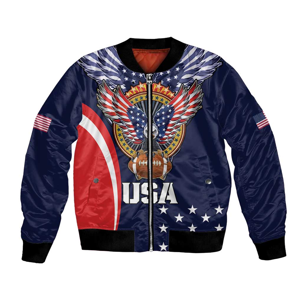 Navy bomber jacket with full-zip front, USA flag eagle graphic, black ribbed cuffs