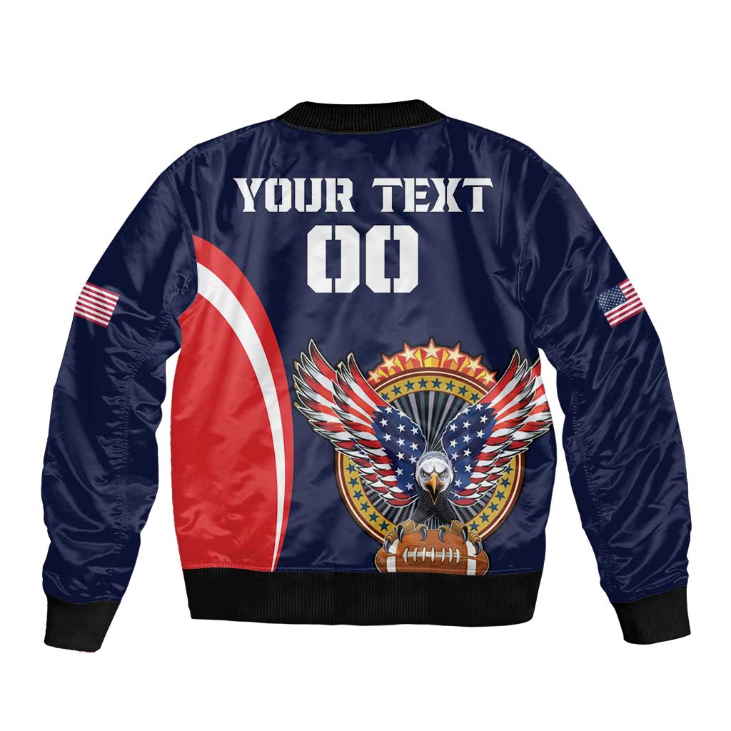 Navy bomber jacket back with custom text, USA flag eagle emblem, black ribbed hem