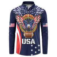Navy button rugby sweatshirt with USA eagle crest, stars, flag stripes, long sleeves