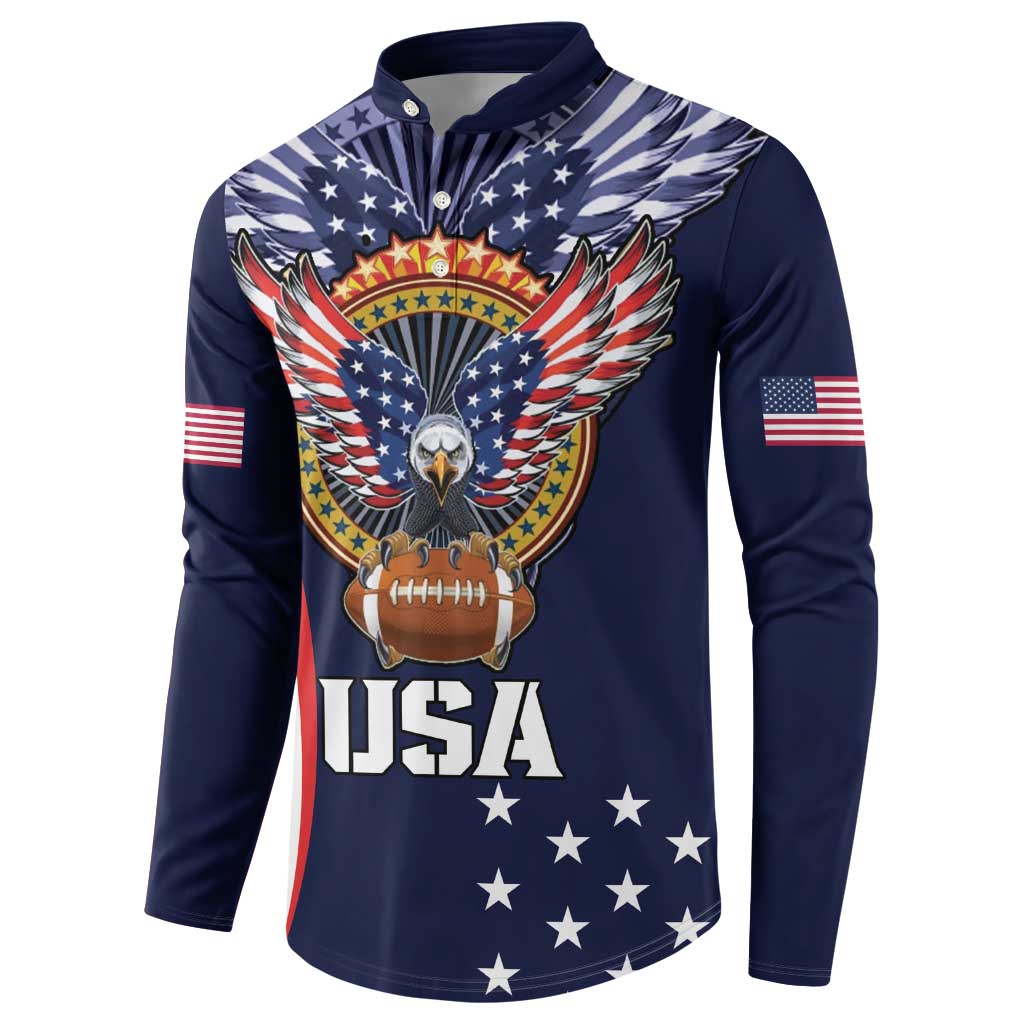 Navy button rugby sweatshirt with USA eagle crest and football graphic, long sleeves