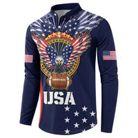Navy button rugby sweatshirt with USA eagle crest and football graphic, long sleeves