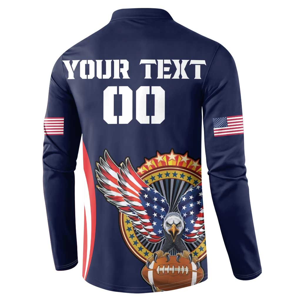 Navy button rugby sweatshirt back print: YOUR TEXT 00, USA eagle and stars