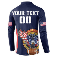 Navy button rugby sweatshirt back print: YOUR TEXT 00, USA eagle and stars