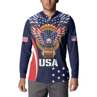 Navy button rugby sweatshirt with USA eagle crest, USA text, stars and flag stripes