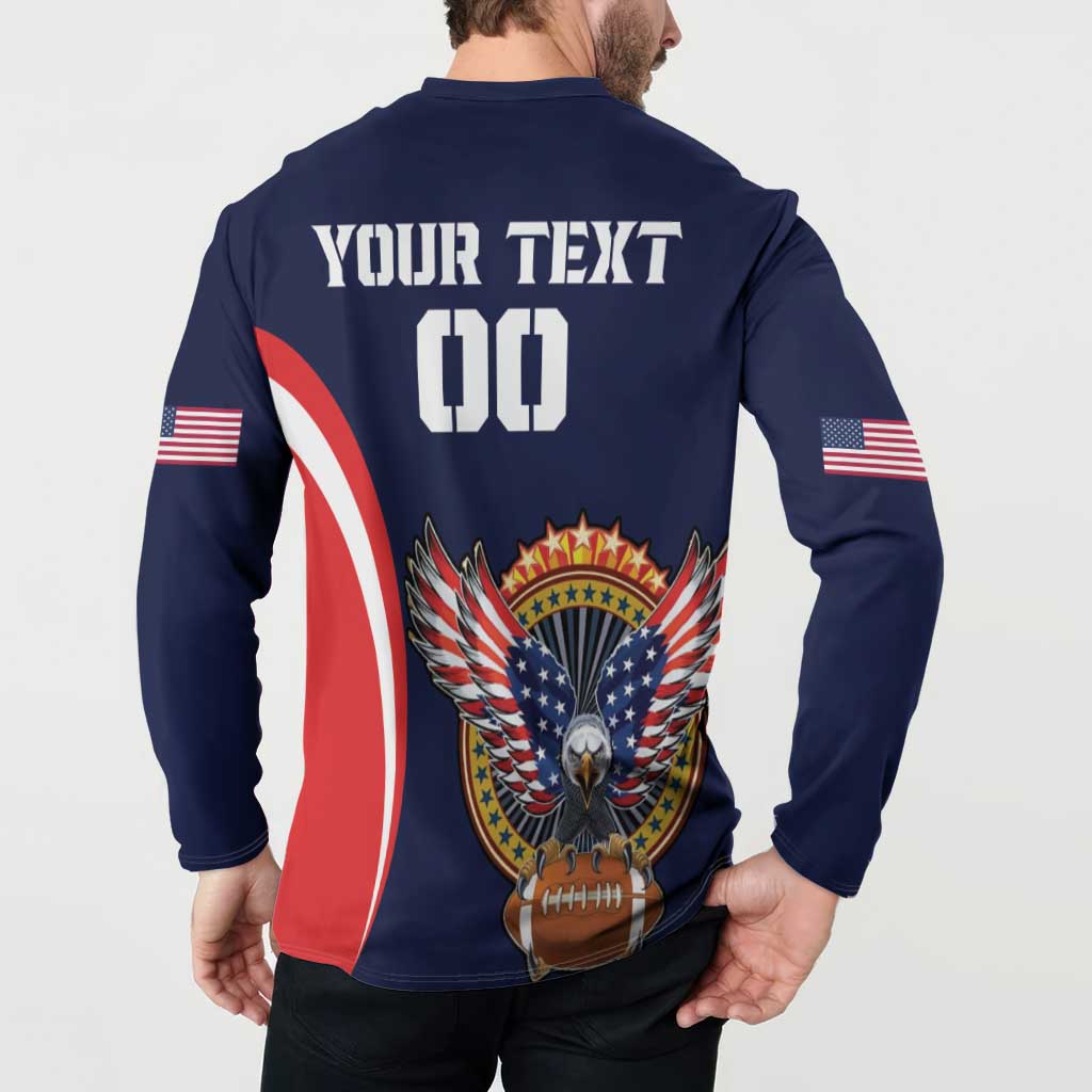 Navy button rugby sweatshirt back print: YOUR TEXT 00, USA eagle and stars