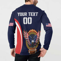 Navy button rugby sweatshirt back print: YOUR TEXT 00, USA eagle and stars