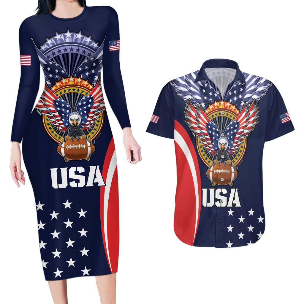 Custom USA Rugby Couples Matching Long Sleeve Bodycon Dress and Hawaiian Shirt American Eagle With USA Flags - Wonder Print Shop