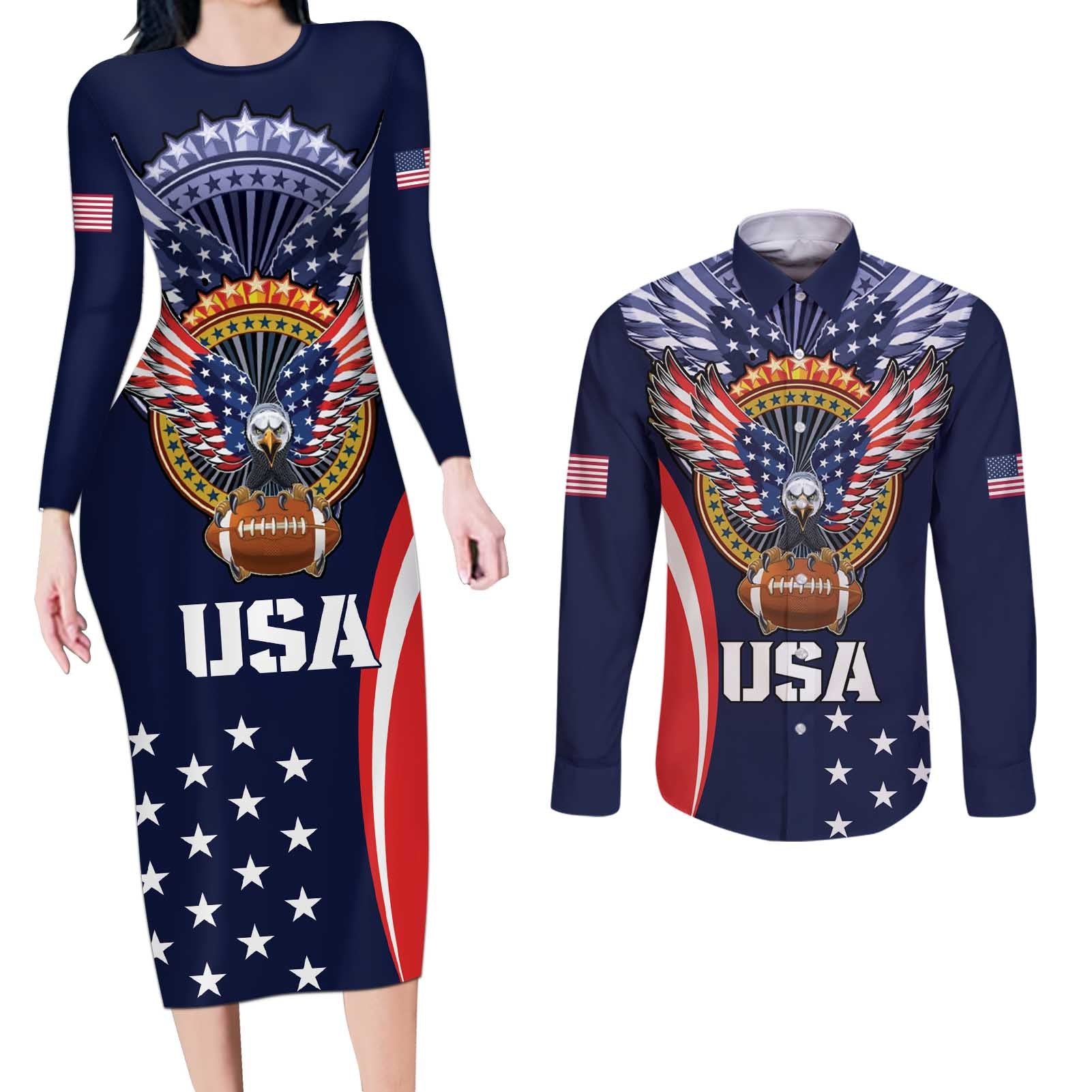 Custom USA Rugby Couples Matching Long Sleeve Bodycon Dress and Long Sleeve Button Shirt American Eagle With USA Flags - Wonder Print Shop