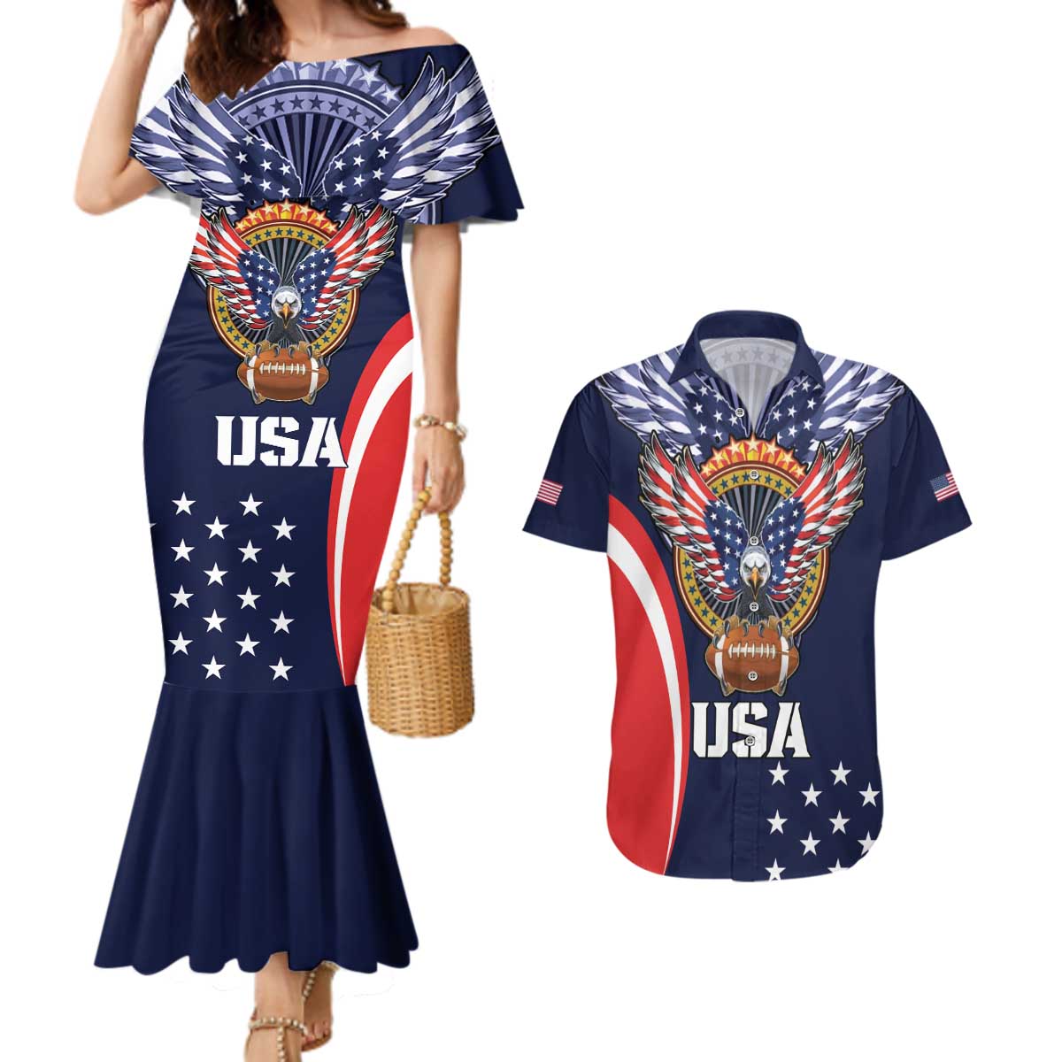 Custom USA Rugby Couples Matching Mermaid Dress and Hawaiian Shirt American Eagle With USA Flags - Wonder Print Shop