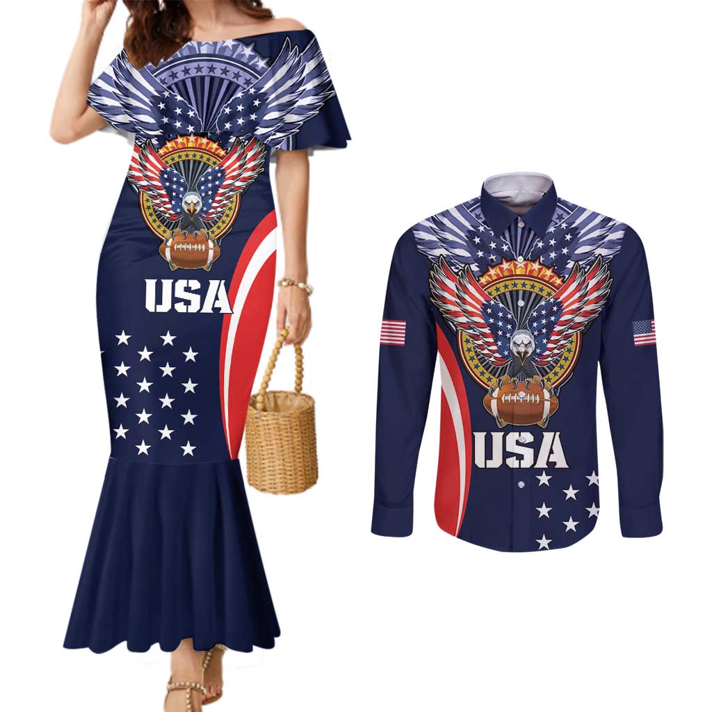 Custom USA Rugby Couples Matching Mermaid Dress and Long Sleeve Button Shirt American Eagle With USA Flags